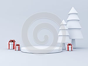 Blank white christmas product podium pedestal background concept or blank product display stand platform showcase