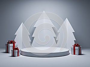 Blank white christmas product podium pedestal background concept or blank product display stand platform showcase mockup