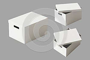 Blank white Closed and open cardboard storage boxes with slotted hand holes mockup