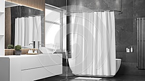 Blank white closed shower curtain mockup, half-turned view photo