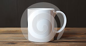 Blank White Coffee Mug Mockup On Wooden Table. White Ceramic Cup Mock Up For Branding. Generative AI