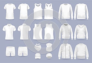 Blank white collection of men`s clothing templates. Realistic vector mock up shirt photo