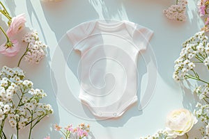 Blank white cotton baby short sleeve bodysuit on pastel blue background with white flowers. Infant onesie mockup. Gender