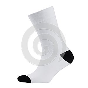 Blank white cotton long sock with black heel on invisible  foot isolated on white background as mock up for advertising, branding. photo