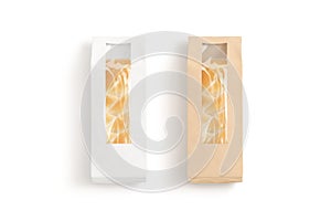 Blank white and craft paper pack with window bread mockup