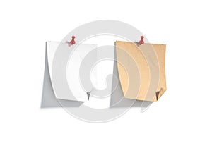 Blank white and craft pinned paper note folded mockup, isolated