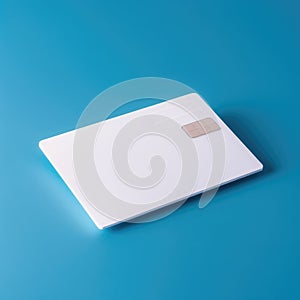 Blank white credit card with microchip on blue, copy space, created using generative ai technology