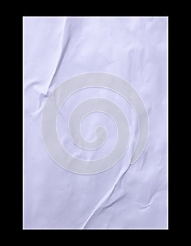 Blank white crumpled and creased sticker glued paper poster texture isolated on black background