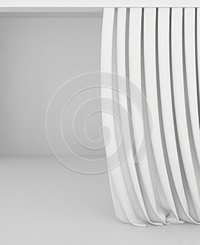 Blank white curtain or drapes on white-gray background