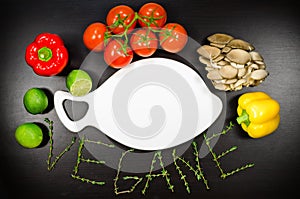 Blank white cutting board framed the vegetables and text Vegeterian