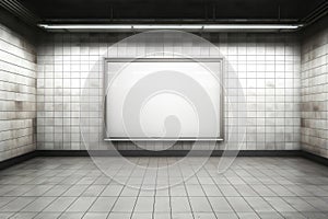 Blank white digital billboard light box in empty subway train station. AI generated