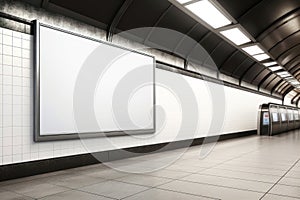 Blank white digital billboard light box in empty subway train station. AI generated