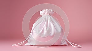 Blank white drawstring bag on pink background