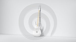 Blank white electric guitar mockup, stand near wall