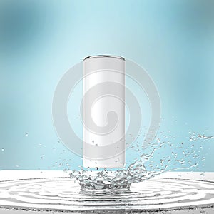 Blank white energy drink can mock-up with water splash 3d render on dark background