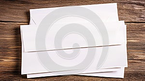 Blank white envelopes on rustic wood table