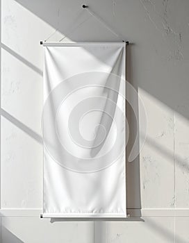 Blank White Fabric Banner Mockup Hanging on Textured Wall with Sunlight