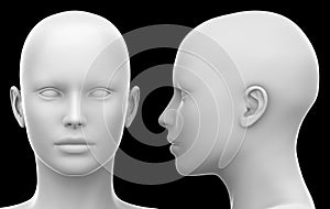 Blank White Female Head - Side and Front view isolated on Black