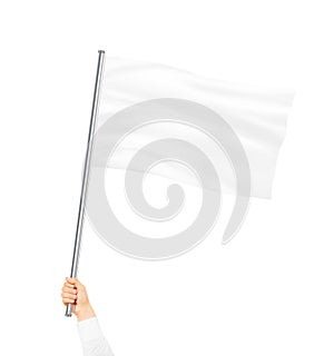 Blank white flag mock up isolated holding in hand