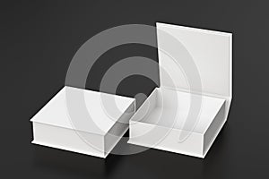 Blank white flat square gift box with open and closed hinged flap lid on black background. Clipping path around box mock up.