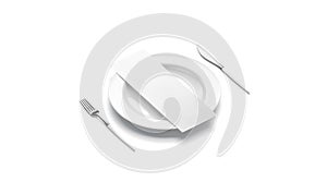 Blank white flyer menu mock up on plate with cutlery, side view,