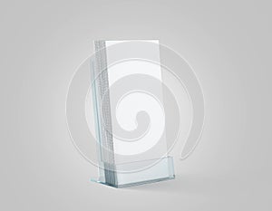 Blank white flyers stack mockup in glass plastic holder,