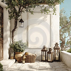 Mediterranean Patio with Blank Frame and Rustic Decor