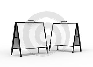 Blank white A frame metallic outdoor advertising stand mockup set, isolated, 3d rendering. Clear street signage board mock