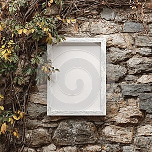 Blank White Frame Mockup on Rustic Stone Wall with Climbing Vines