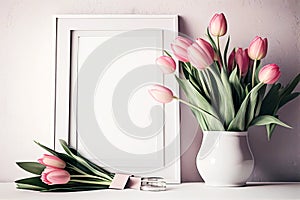 Blank white frame with pink tulips on white table mockup. Generative ai