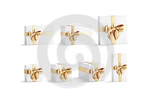 Blank white gift box with gold ribbon mockup, different types