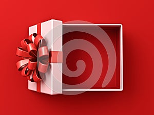 Blank white gift box open or top view of white present box tied with red ribbon bow on dark red background with shadow