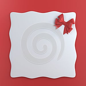 Blank white gift card with red ribbon bow isolated on red color background with shadow minimal concept. 3D rendering