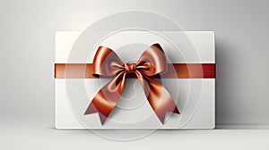 Blank white gift card with red ribbon bow isolated on grey background