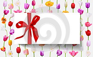 Blank white gift card with red ribbon on floral background tulip flowers in vertical lines