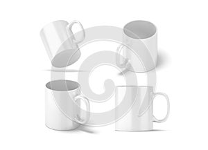 Blank white glass mug mockups set isolated, 3d rendering.