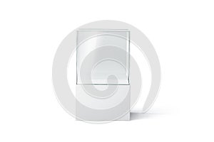 Blank white glass showcase mockup, isolated, front view