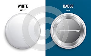 Blank white glossy badge or button. 3d render. Round plastic pin, emblem, volunteer label. Front and Back Side. Vector.