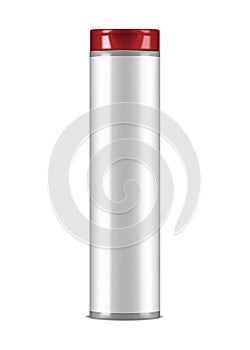 Blank white glossy cosmetic bottle with red cap and empty label, vector mockup. Beauty product packaging, template for design