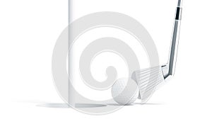 Blank white golf ball near hole with stick mockup