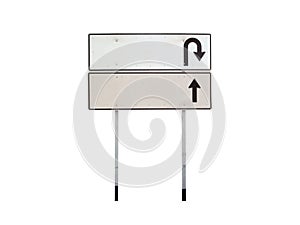 Blank white and gray road signpost with u turn and straight ahead direction arrow isolated on white background