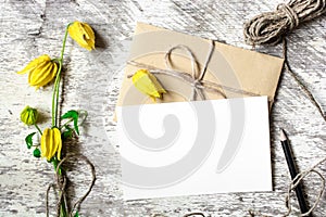 Blank white greeting card and envelope with yellow autumn flowers and pencil