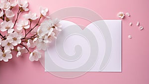 Blank white greeting card, pink background with spring flowers, top view, flat lay, mock up