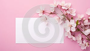 Blank white greeting card, pink background with spring flowers, top view, flat lay, mock up