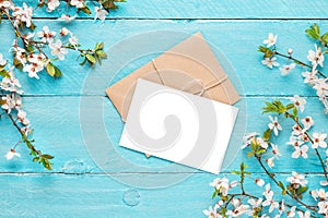 Blank white greeting card with spring flowers cherry blossoming on blue wooden background. top view with copy space