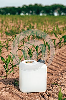 Blank white herbicide canister mockup can in corn seedling field in springtime sunset photo