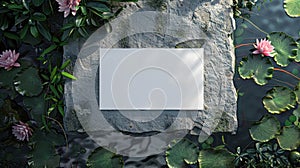 Blank White Horizontal Greeting Card Mockup On A Stone With Lotus And Lily Of The Water Around