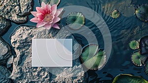 Blank White Horizontal Greeting Card Mockup On A Stone With Lotus And Lily Of The Water Around