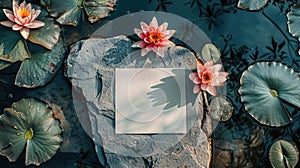 Blank White Horizontal Greeting Card Mockup On A Stone With Lotus And Lily Of The Water Around