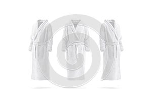 Blank white hotel bathrobe mockup, front and side view